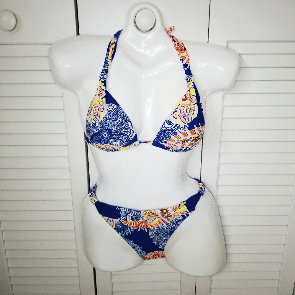 Brand New 70s Pattern Blue & Orange Bikini